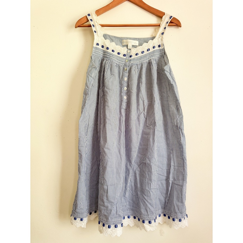 Eileen West Classics Cotton Nightgown Blue White Pinstripe Lace Trim Small